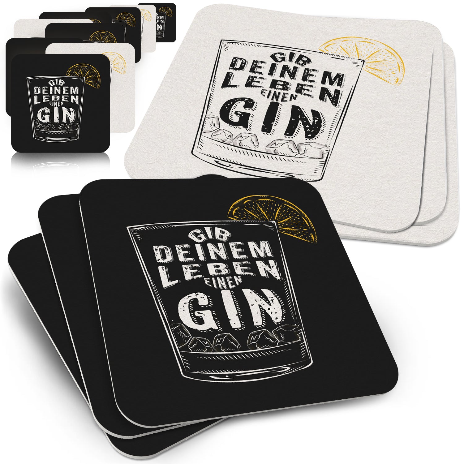 Bierdeckel Gin – 50er Set "Gib deinem Leben einen Gin", Humorvolles Design mit Zitronenscheibe