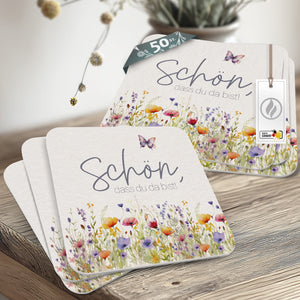 Funke & Brand 50 Bierdeckel Schön, dass du da bist Floral Butterfly Wildblumen