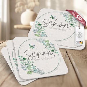 50 Bierdeckel "Schön, dass du da bist" - Floral Butterfly Salbeigrün