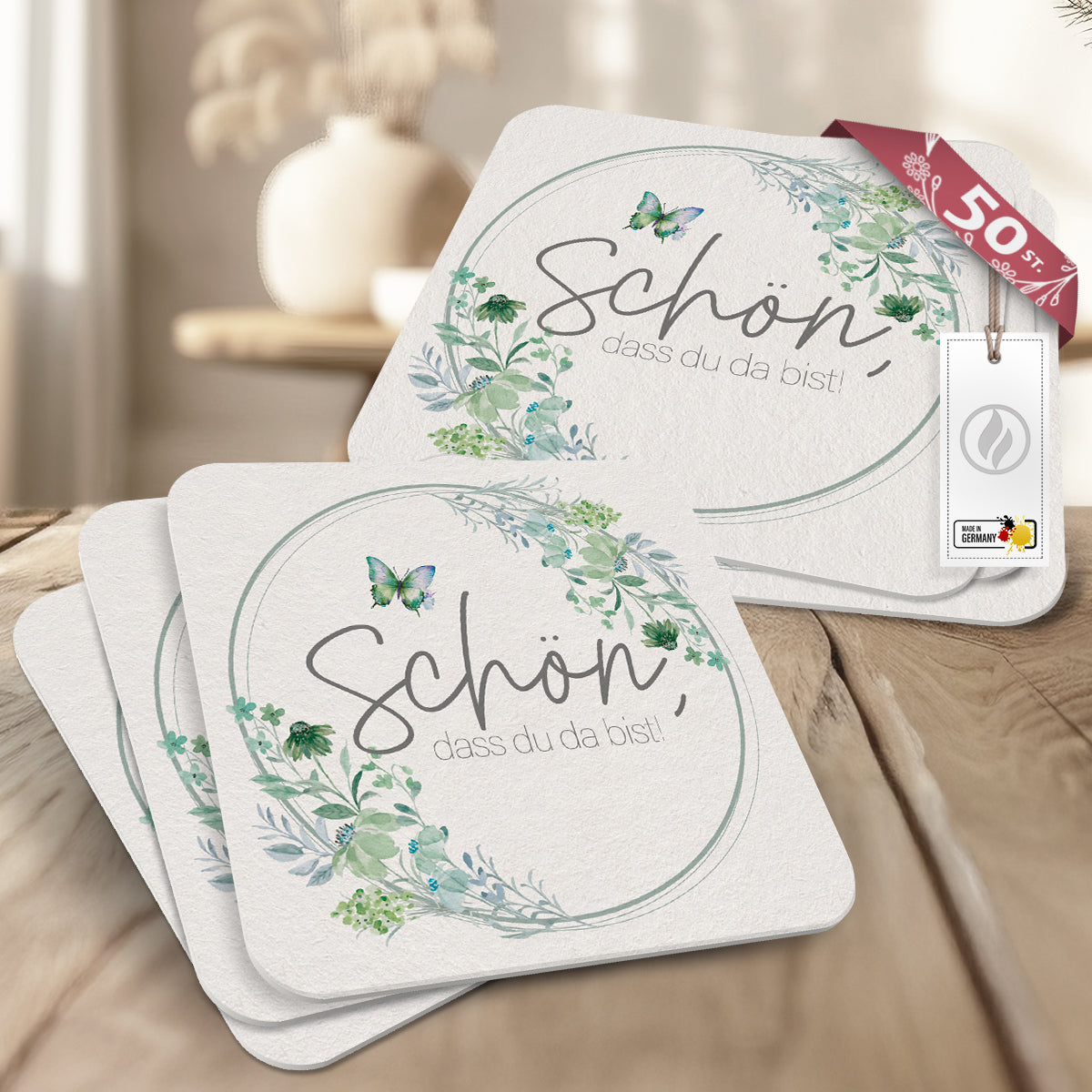 50 Bierdeckel "Schön, dass du da bist" - Floral Butterfly Salbeigrün