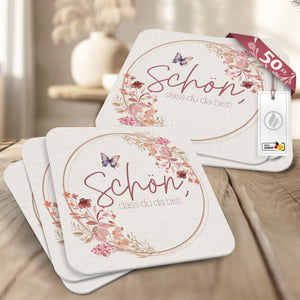50 Bierdeckel "Schön, dass du da bist" - Floral Butterfly Altrosé