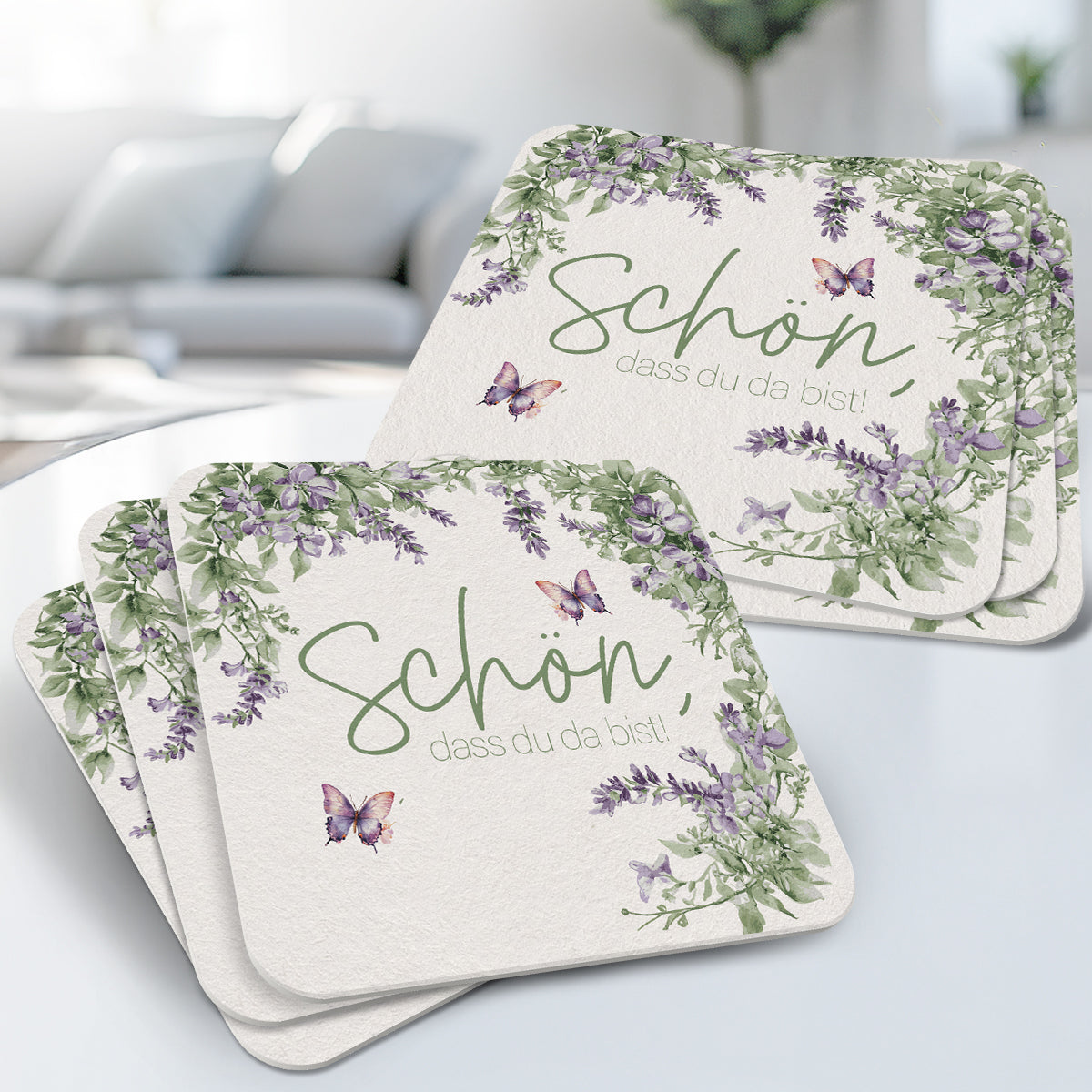 50 Bierdeckel "Schön, dass du da bist" Floral Butterfly Lavendelgrün