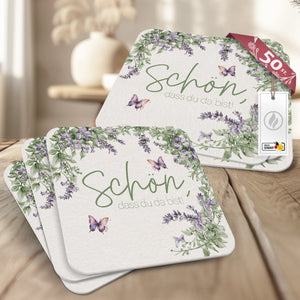 50 Bierdeckel Schön dass du da bist, Floral Butterfly Lavendelgrün