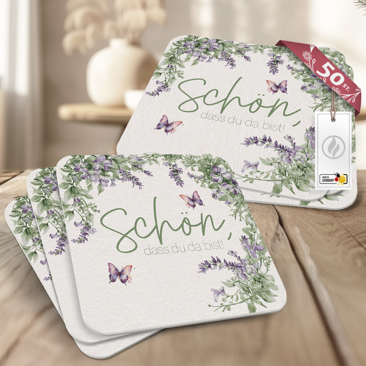 50 Bierdeckel "Schön, dass du da bist" Floral Butterfly Lavendelgrün