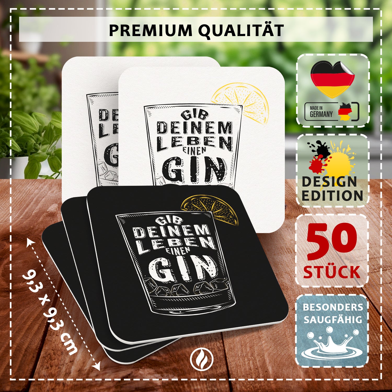 Bierdeckel Gin – 50er Set "Gib deinem Leben einen Gin", Humorvolles Design mit Zitronenscheibe