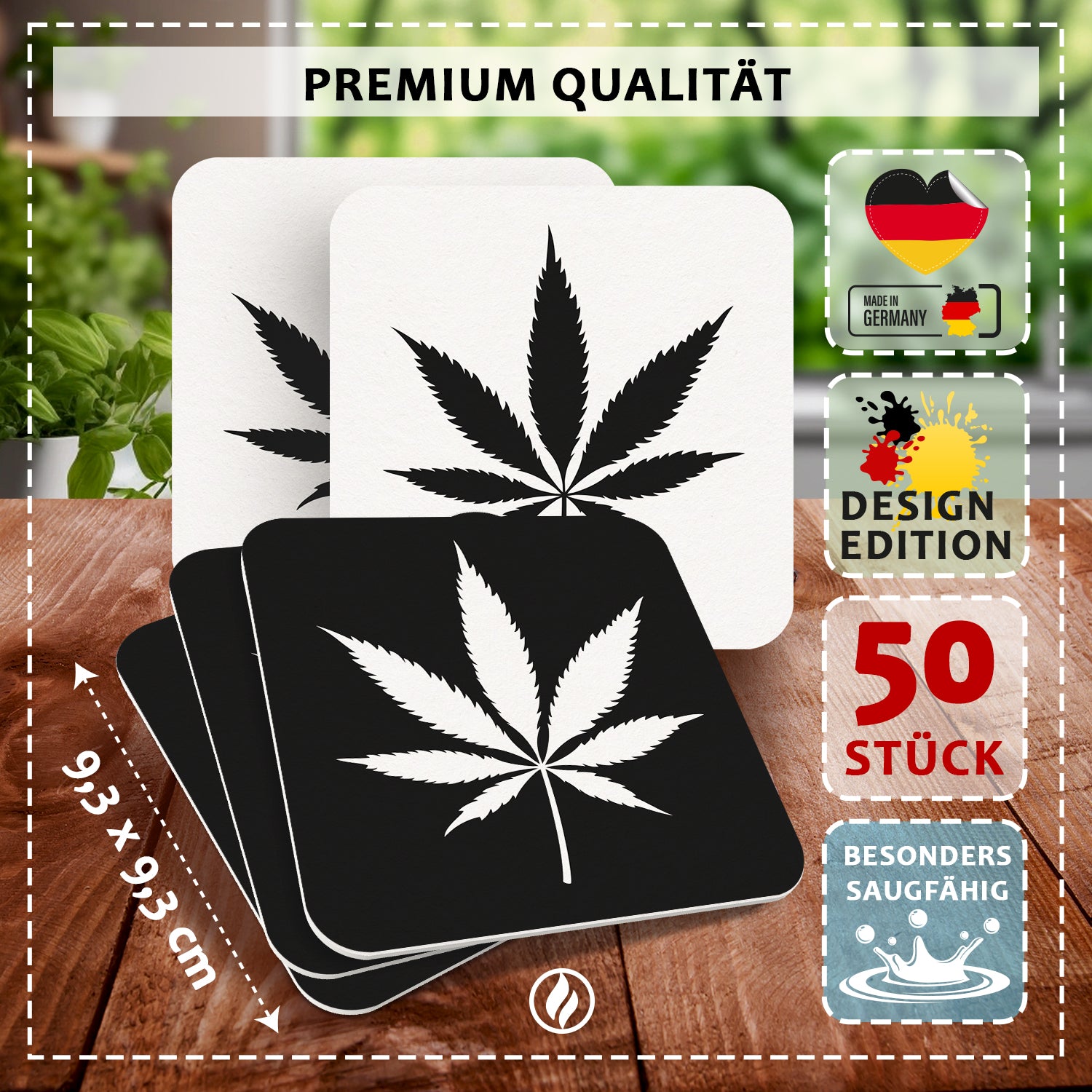 Cannabis Bierdeckel - 50er Set in Schwarz-Weiß, Trendiges Design