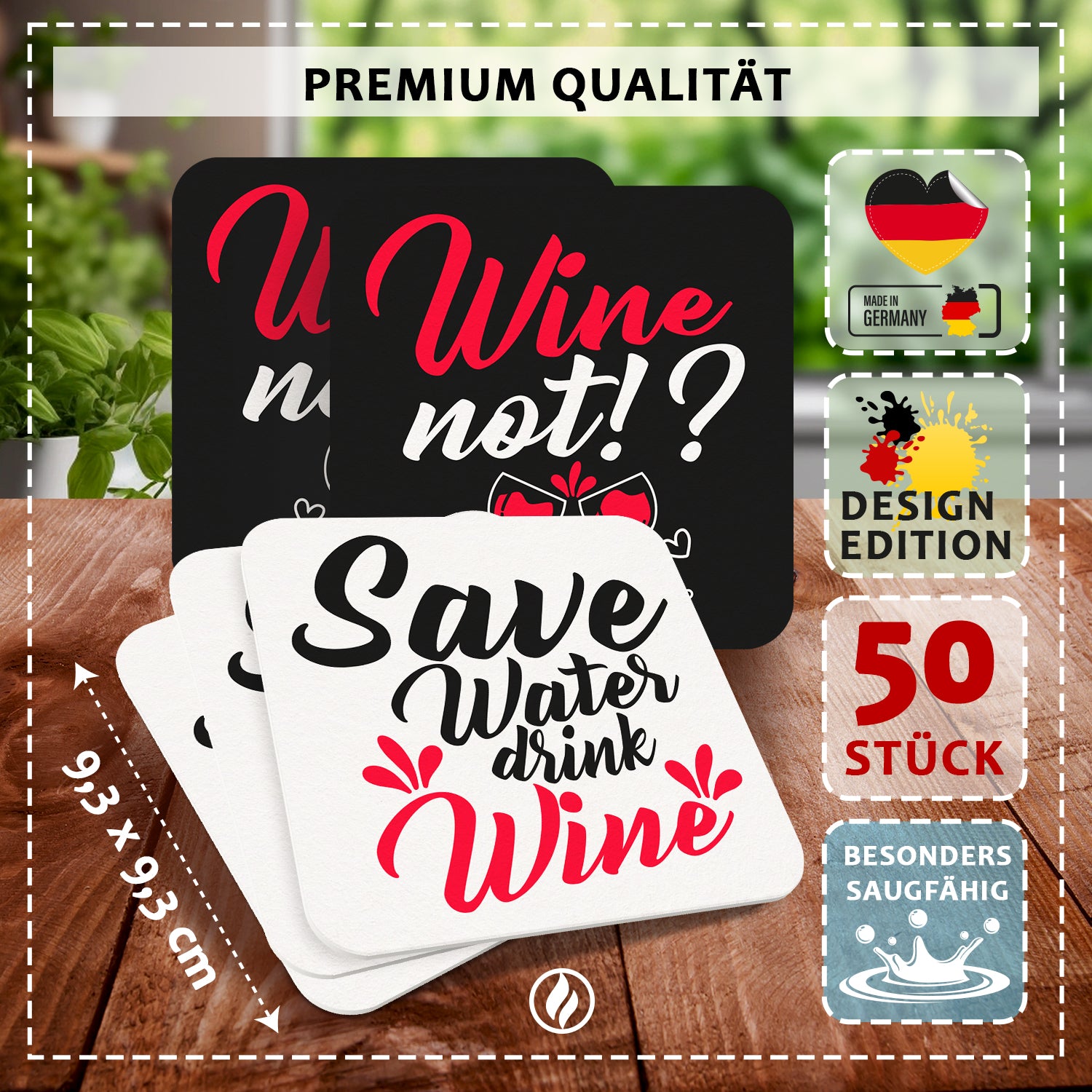 Wein Bierdeckel "Wine Not" & "Save Water Drink Wine" - 50er Set