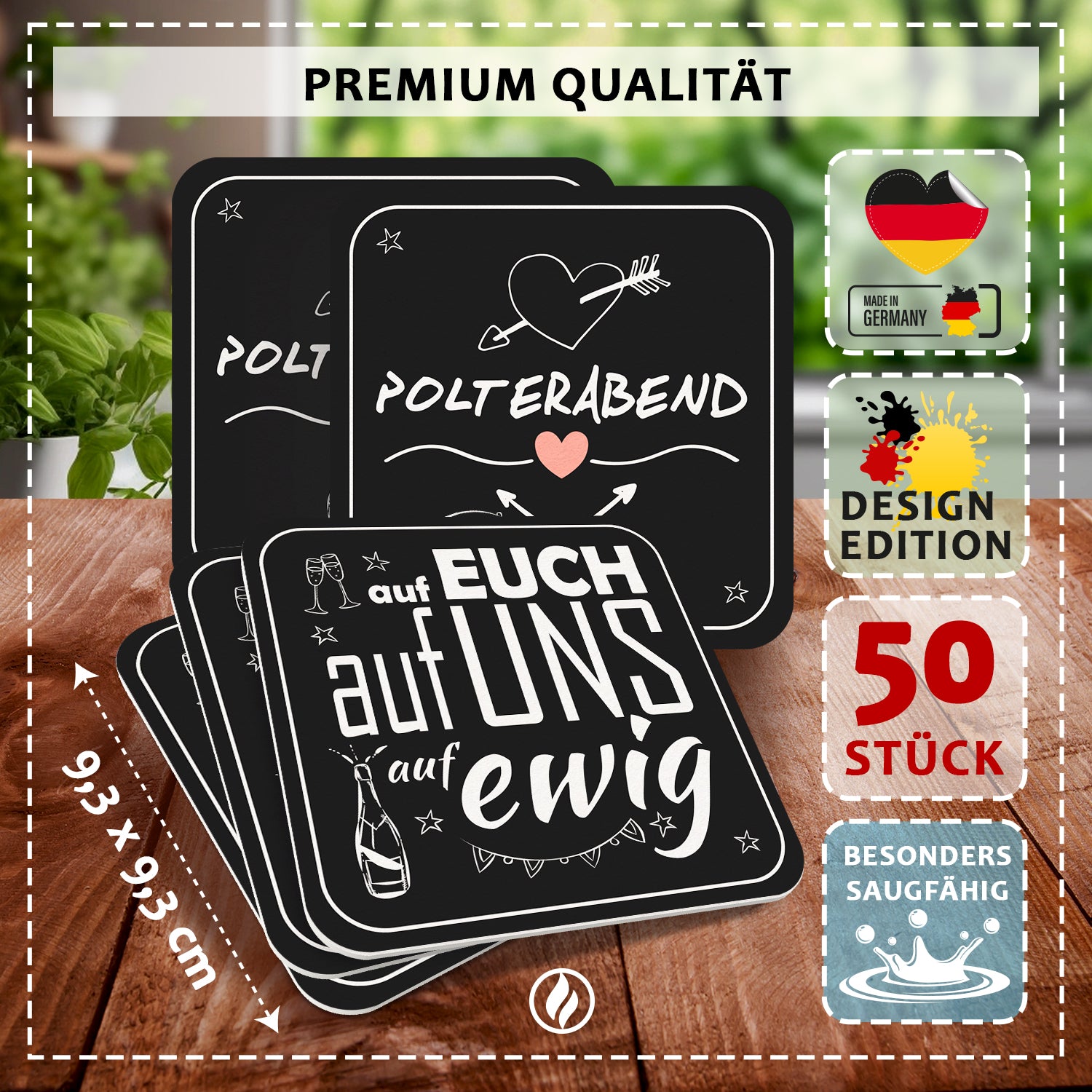 Bierdeckel Polterabend - 50 Stück - Elegante Schwarze Untersetzer mit Herz