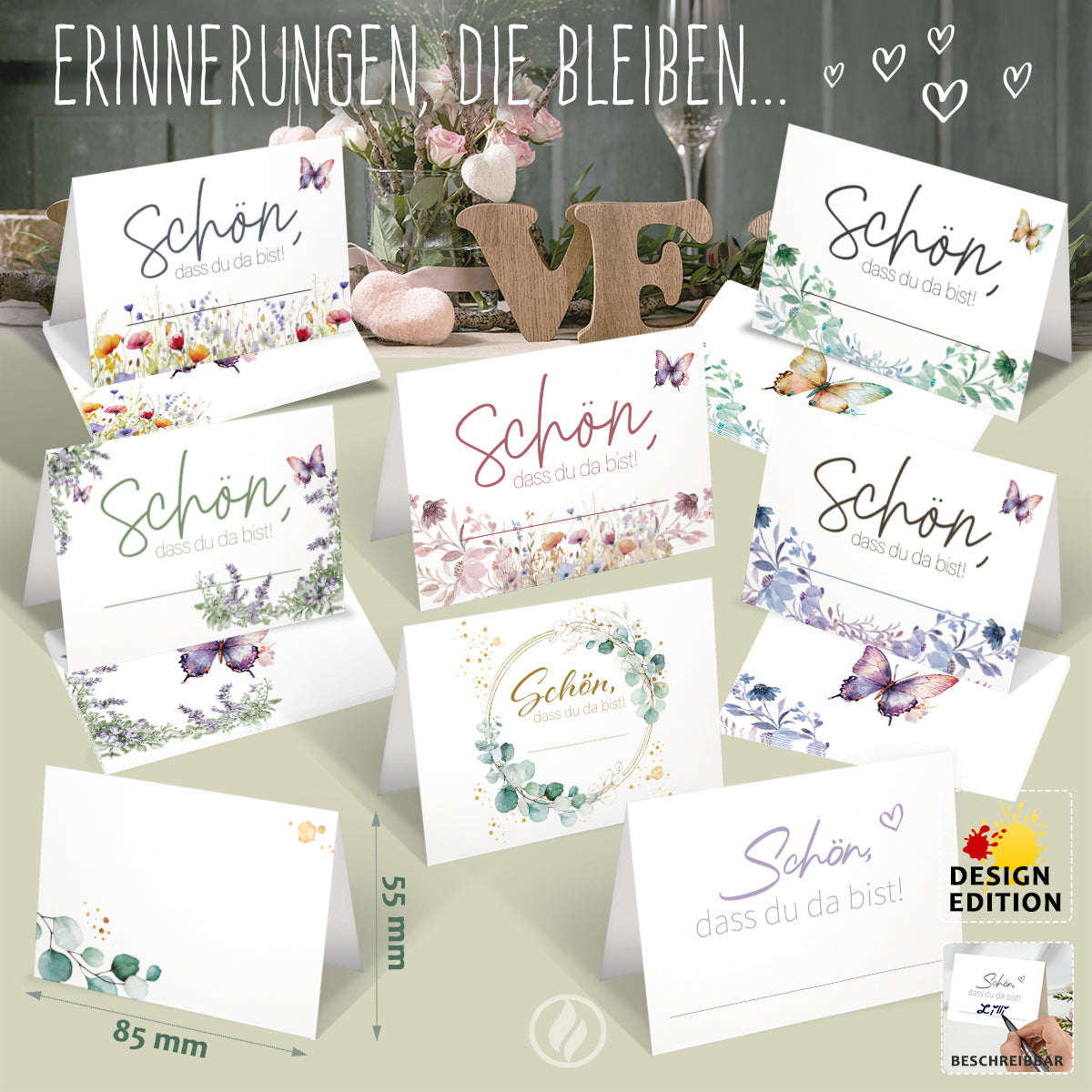 Funke & Brand 50 Bierdeckel Schön, dass du da bist Floral Butterfly Wildblumen