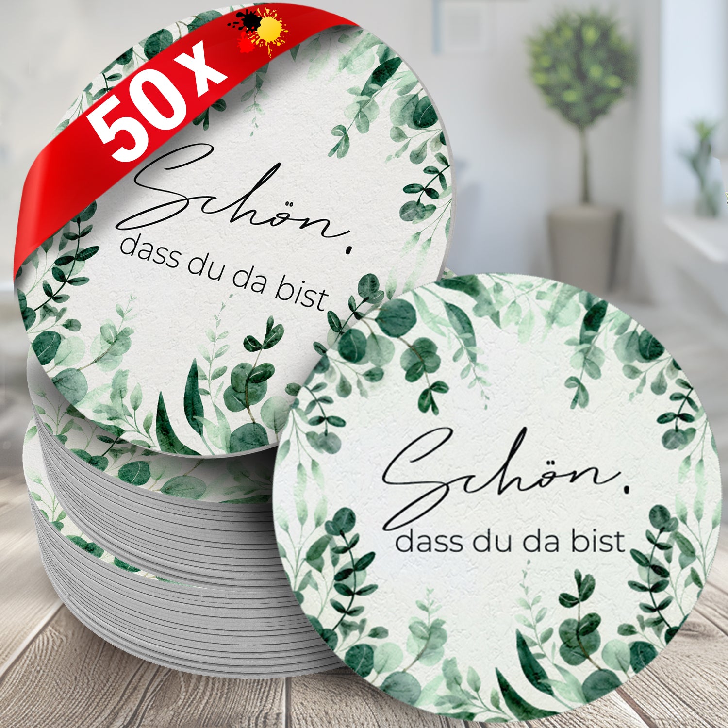 50 Bierdeckel Schön dass du da bist, Greenery Eukalyptus Harmony rund