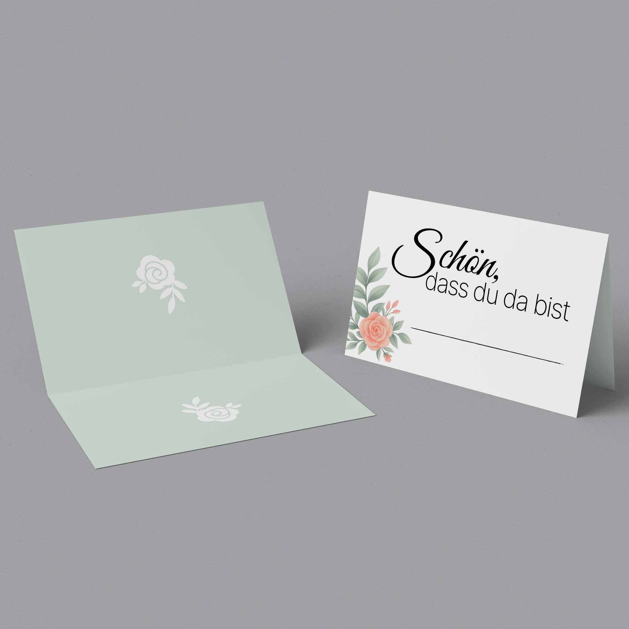 50 Tischkarten „Schön, dass du da bist“ – Florale Platzkarten mit Rosendekor
