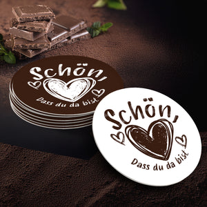 50 Bierdeckel rund Schön dass du da bist, Herzfunke Kritzelmoment Dunkle Praline
