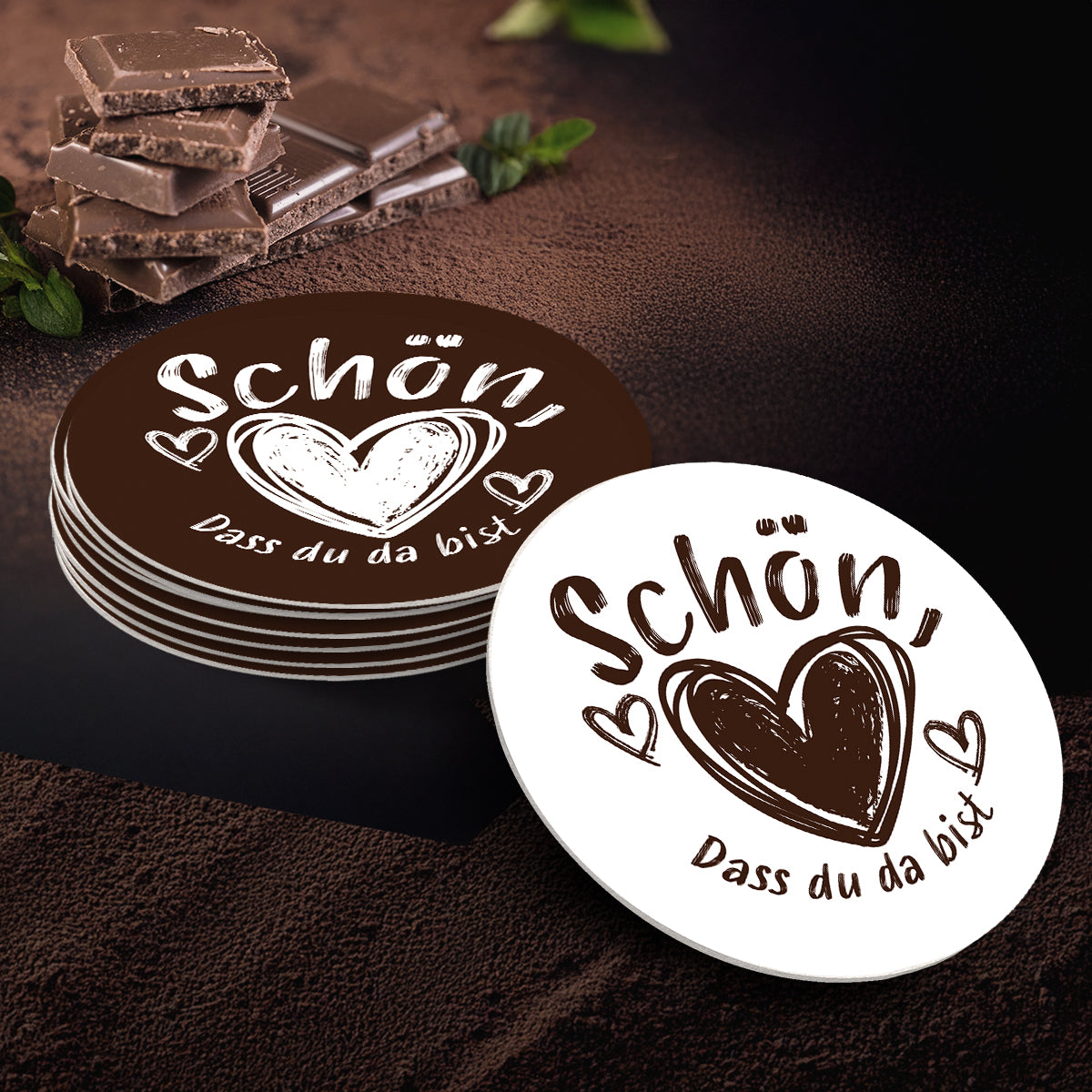 50 Bierdeckel rund Schön dass du da bist, Herzfunke Kritzelmoment Dunkle Praline