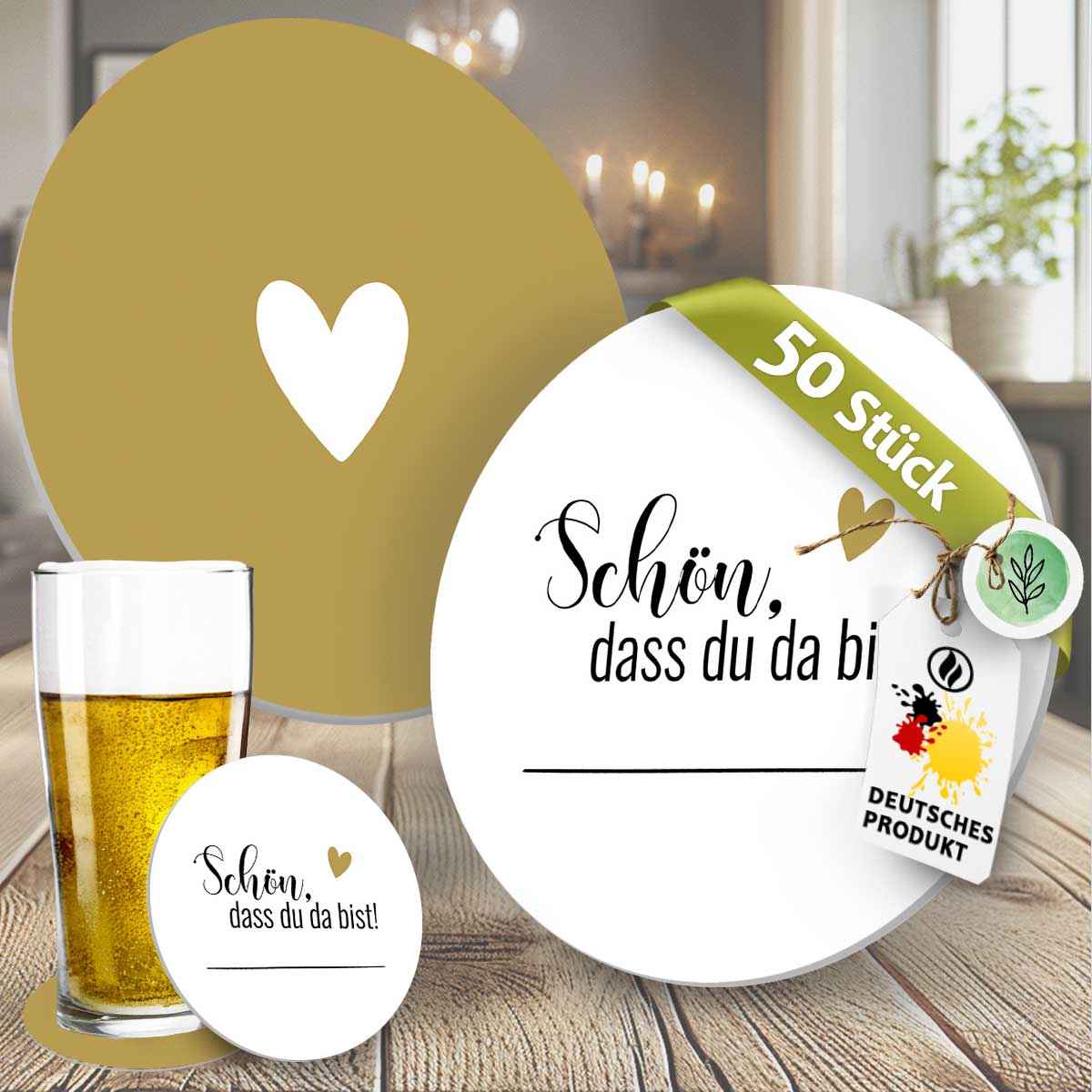 50 Bierdeckel Schön, dass du da bist Herzmotiv, Herzfunke True Heart