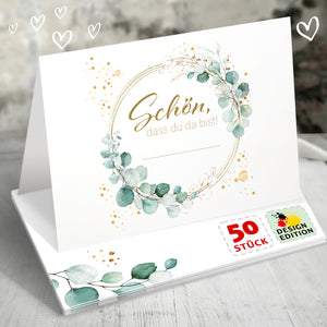 50 Tischkarten Eukalyptus Schön dass du da bist, Hochzeit Goldakzente