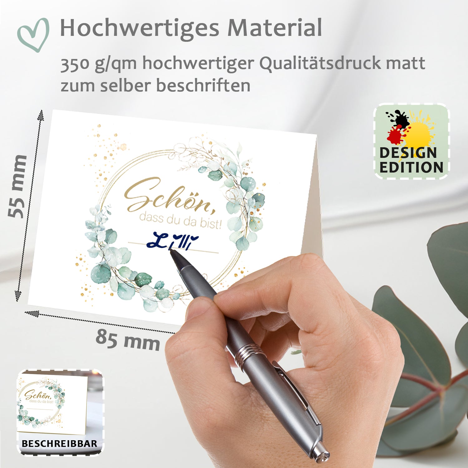 Tischkarten Hochzeit - Schön, dass du da bist Efeu, 50x, Platzkarten, Namenskarten