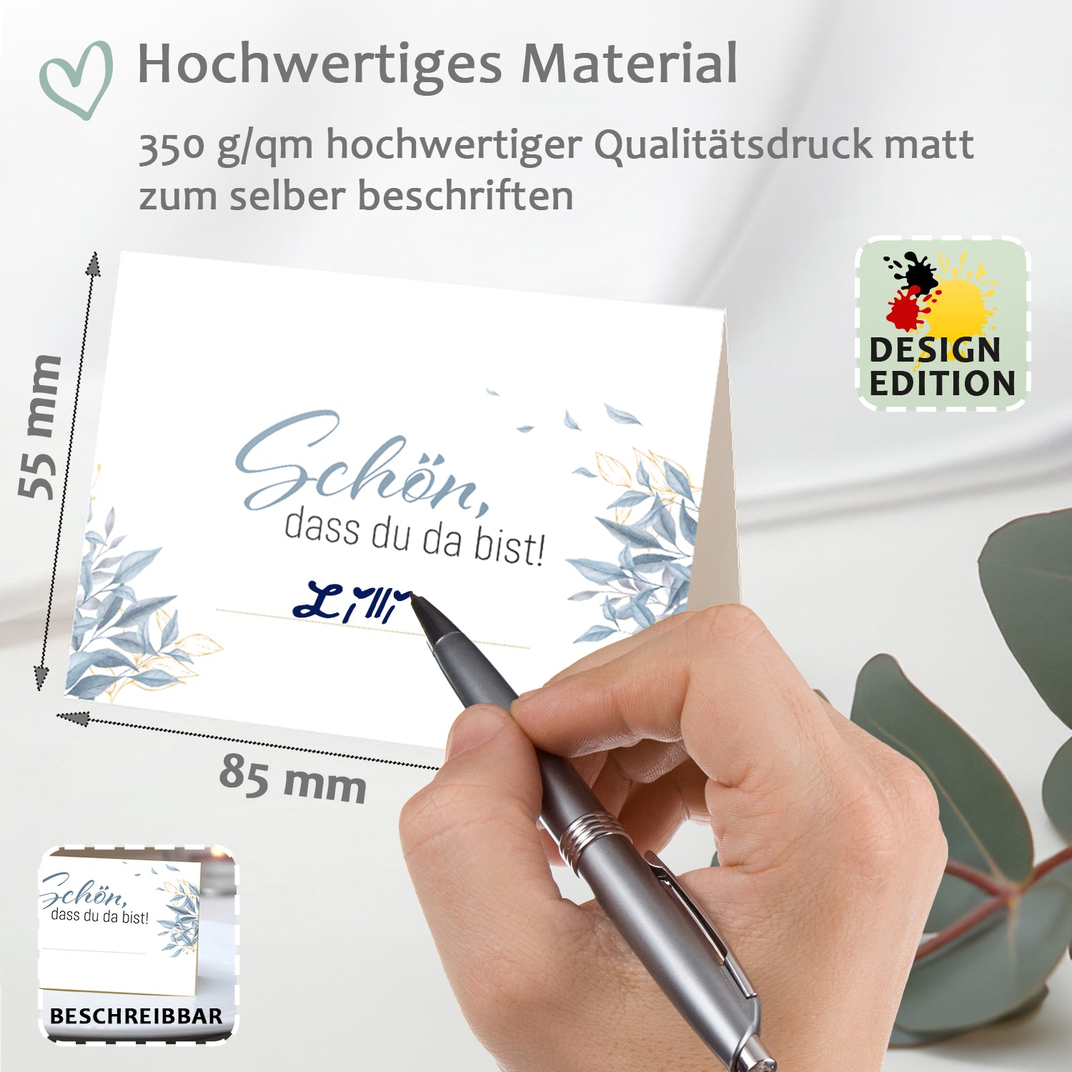 Tischkarten Hochzeit Floral Blau - 50x, Schön dass du da bist, Namenskarten