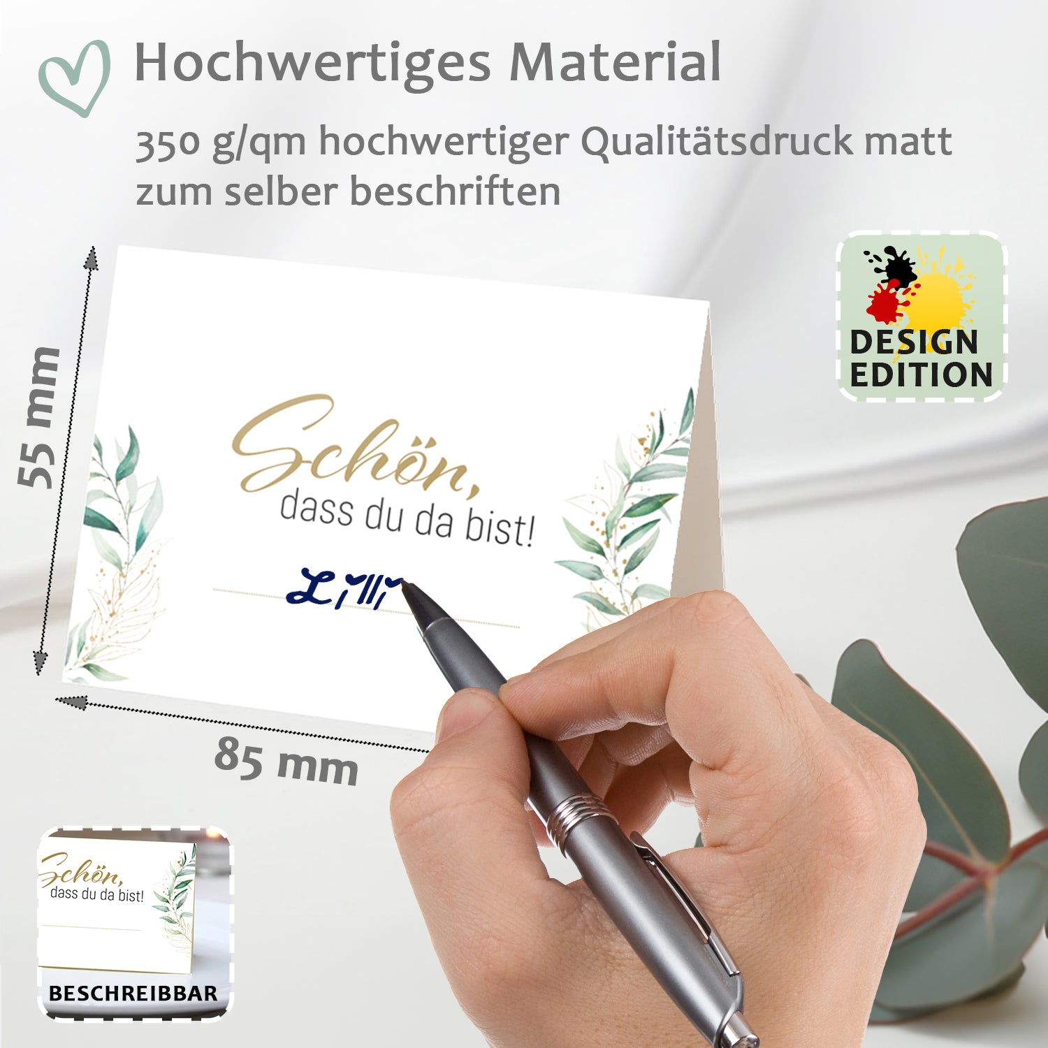 Tischkarten Hochzeit Floral Glitter - \"Schön, dass du da bist\" 50x Namenskarten