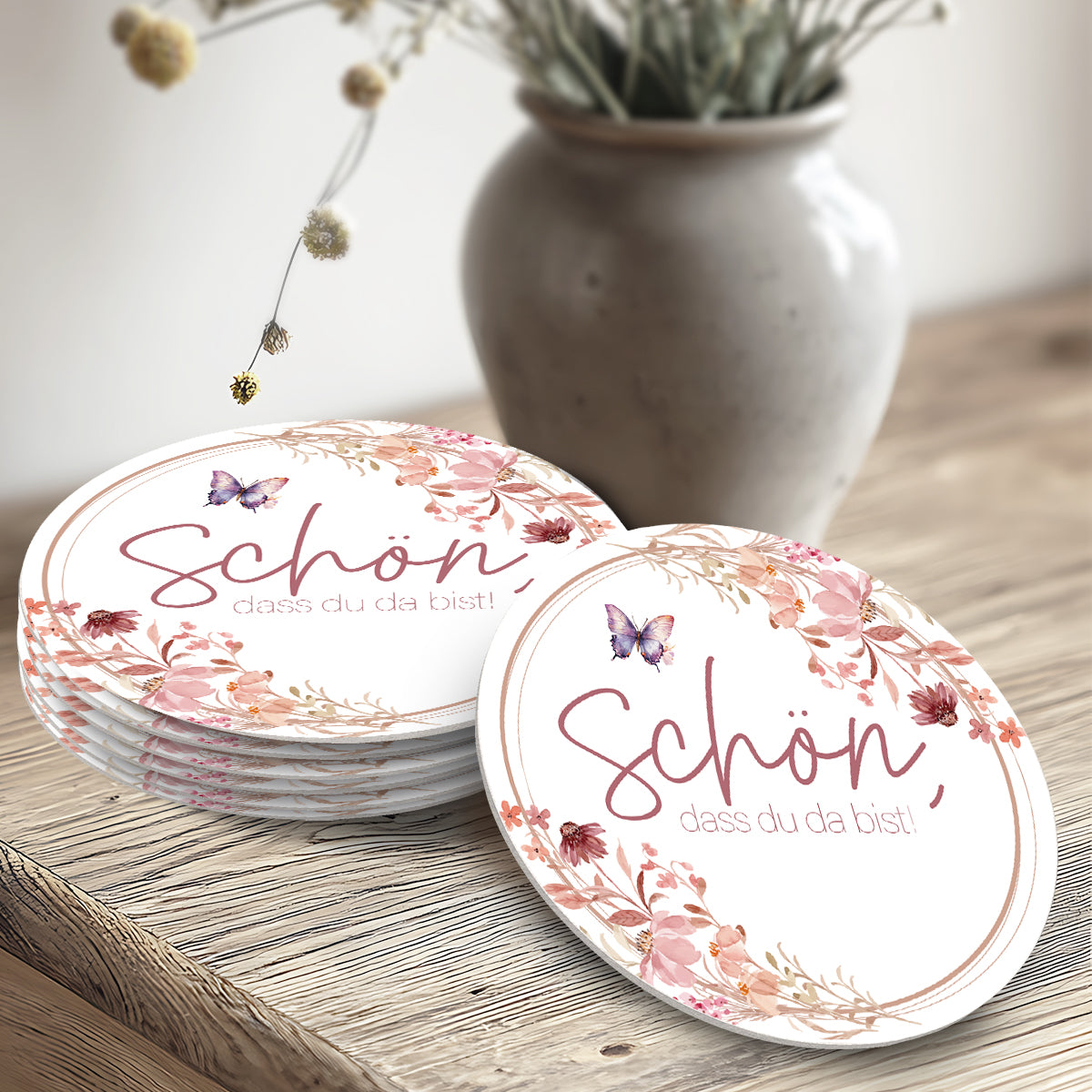 50 Bierdeckel rund Schön, dass du da bist, Floral Butterfly Altrosé