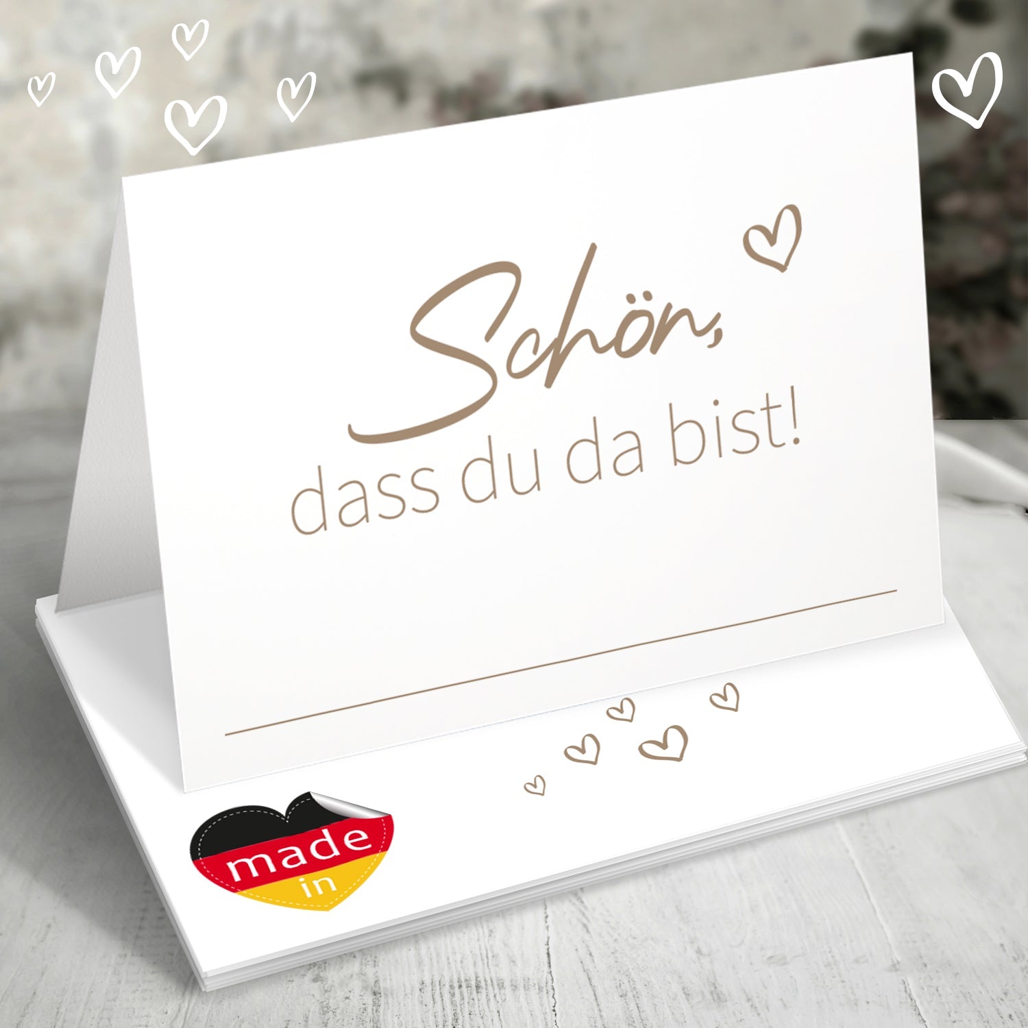 50 Tischkarten „Schön, dass du da bist!“ – in Braun, Grün, Grau oder Lila