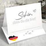 50 Tischkarten „Schön, dass du da bist!“ – in Braun, Grün, Grau oder Lila