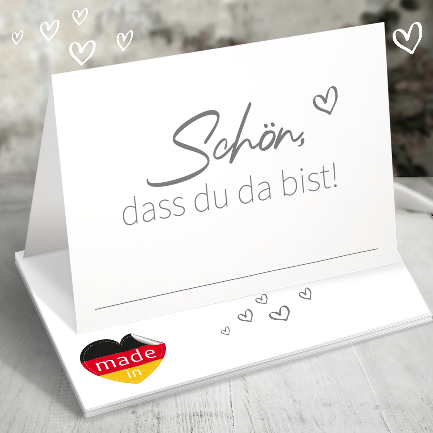 50 Tischkarten „Schön, dass du da bist!“ – in Braun, Grün, Grau oder Lila