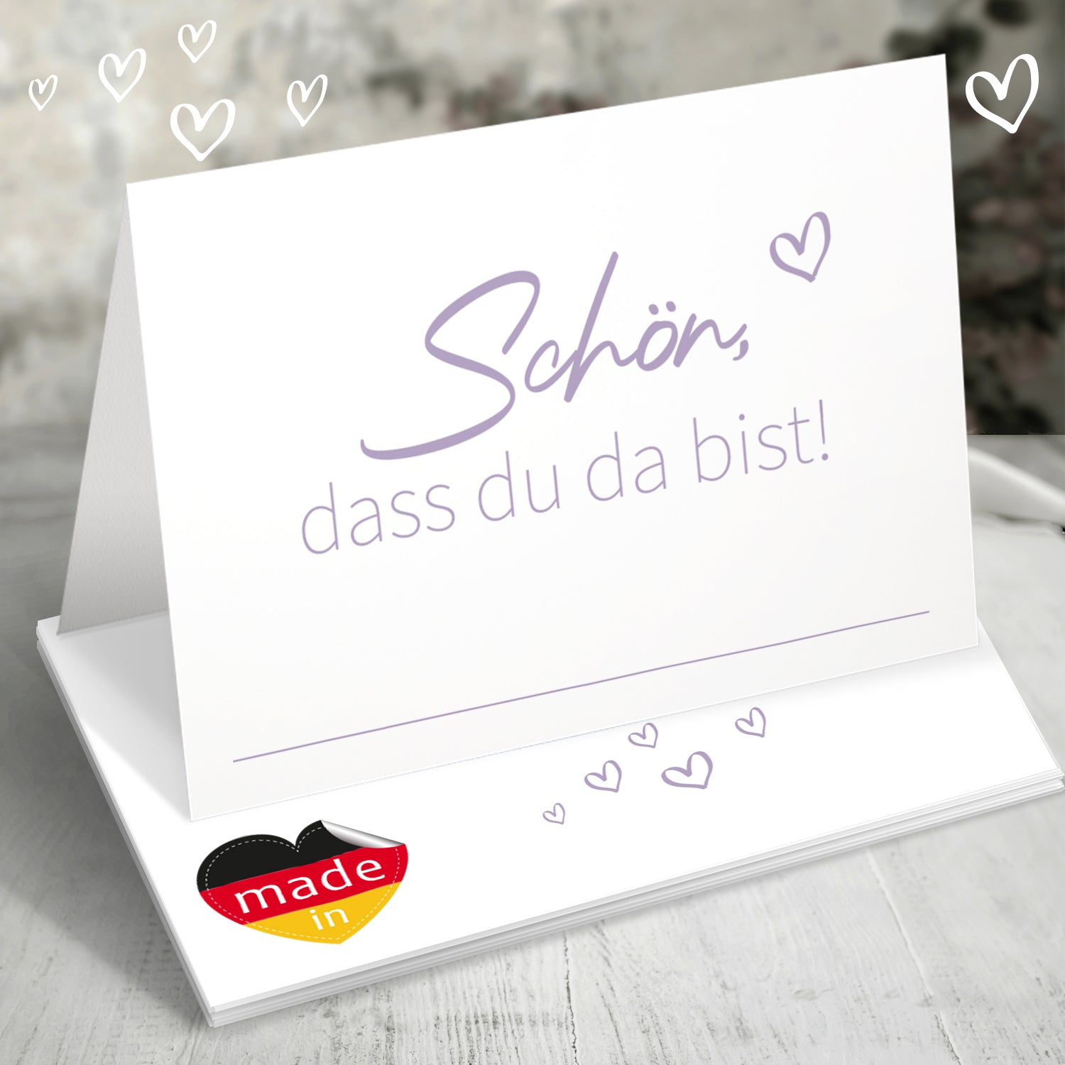 50 Tischkarten „Schön, dass du da bist!“ – in Braun, Grün, Grau oder Lila